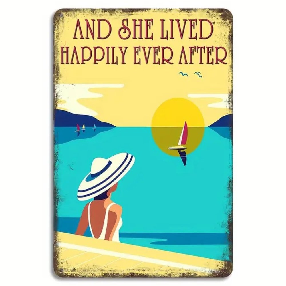 Metal Sign, Vintage Look - And She Lived Happily Ever After -Woman on Beach